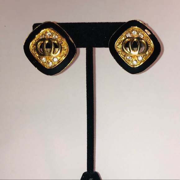 Vintage Gold-Tone and Black, Clip-On Earrings - Picture 1 of 3